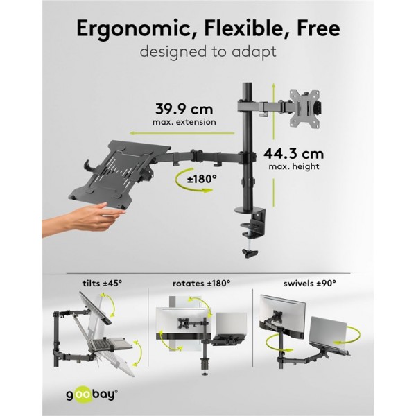 Nosilec za monitor z roko za prenosni računalnik Flex od 13 do 32 palcev (33 - 81 cm) in prenosni računalnik