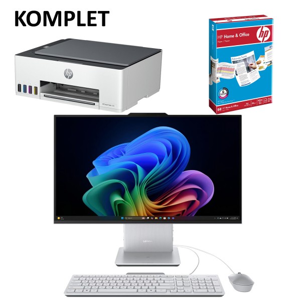 Paket LENOVO IdeaCentre AIO 27 (vse-v-enem), Intel Core Ultra 5 325, 27-palčni QHD, 16 GB, 512 GB, FREEDOS; v kompletu HP tiskalnik Smart Tank 580 in papir za pisarno.