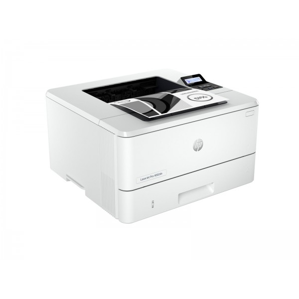 HP LaserJet Pro 4002dn: črno-beli laserni tiskalnik A4 s samodejnim obojestranskim tiskom, ločljivostjo 4800 x 600 dpi, hitrostjo do 40 strani/min, 350-listnim predalom ter povezljivostjo USB in LAN.
