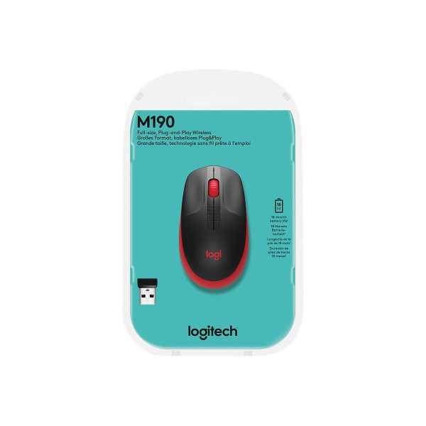 LOGITECH M190 brezžična optična miška s 3 gumbi in USB sprejemnikom, rdeča