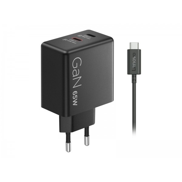 LENOVO polnilec GaN 65W z dvema USB-C izhodoma, Black, 1 leto garancije
