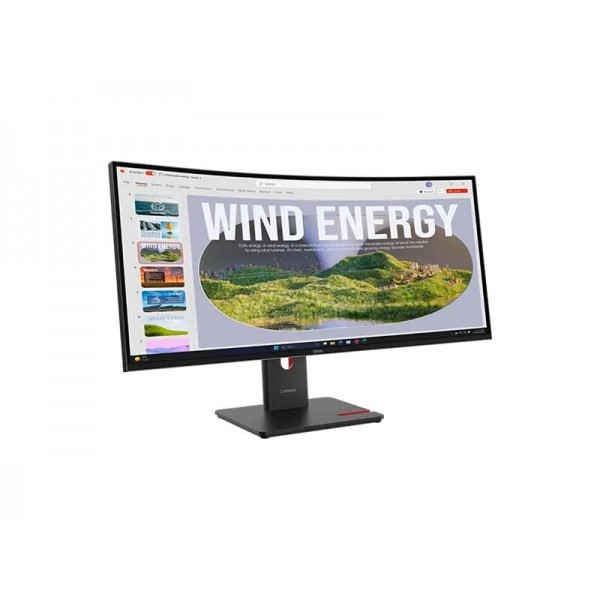 LENOVO ThinkVision T34WD-40 34-palčni WLED, format 21:9, ločljivost 3440×1440, svetlost 300 cd/m2, odziv 4 ms, kontrast 3M:1 in 3000:1, priključki: 1x USB-C, 1x HDMI, 1x DisplayPort, osveževanje 48 Hz, pokritost 99 % sRGB, barva črna, garancija 3 leta.
