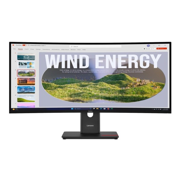 LENOVO ThinkVision T34WD-40 34-palčni WLED, format 21:9, ločljivost 3440×1440, svetlost 300 cd/m2, odziv 4 ms, kontrast 3M:1 in 3000:1, priključki: 1x USB-C, 1x HDMI, 1x DisplayPort, osveževanje 48 Hz, pokritost 99 % sRGB, barva črna, garancija 3 leta.