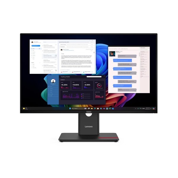 LENOVO ThinkVision T27UD-40 27‑palčni IPS zaslon, razmerje 16:9, ločljivost 3840×2160 (4K) pri 60 Hz, svetilnost 350 cd/m2, kontrast 1500:1 in odzivni čas 4 ms; priključki: 1× HDMI 2.1, 1× DP 1.4, USB HUB in 1× RJ45; barvni razpon 99 % sRGB; 3 leta garanc