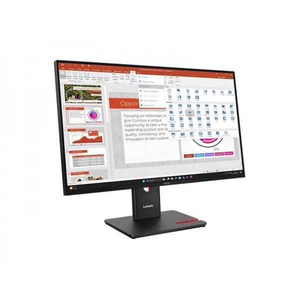 LENOVO ThinkVision T27-40 27-palčni IPS, razmerje 16:9, ločljivost 1920x1080, 100 MHz, 250 cd/m2, kontrast 1500:1, čas odziva 4 ms, 1× HDMI 1.4, 1× DisplayPort 1.2, 1× VGA, USB-hub, 99 % barvnega razpona sRGB, 3 leta garancije