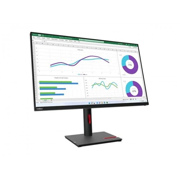 LENOVO ThinkVision T32h-30, 31,5-palčni IPS-zaslon 16:9 z ločljivostjo 2560 × 1440, osveževanjem 60 Hz, svetlostjo 350 cd/m², kontrastnim razmerjem 1000:1 in odzivnim časom 4 ms; povezljivost: 1× HDMI 2.1, 1× DisplayPort 1.4, 1× USB-C, 4× USB-A in 1× RJ45