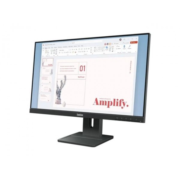 LENOVO ThinkVision E24-40, 23,8-palčni IPS zaslon, razmerje 16:9, ločljivost 1920×1080, osveževanje 100 Hz, svetlost 250 cd/m2, kontrast 1300:1, odzivni čas 4 ms, povezljivost: 1×HDMI 1.4, 1×DisplayPort 1.2, 1×VGA, barvni razpon 99 % sRGB, vgrajena zvočni