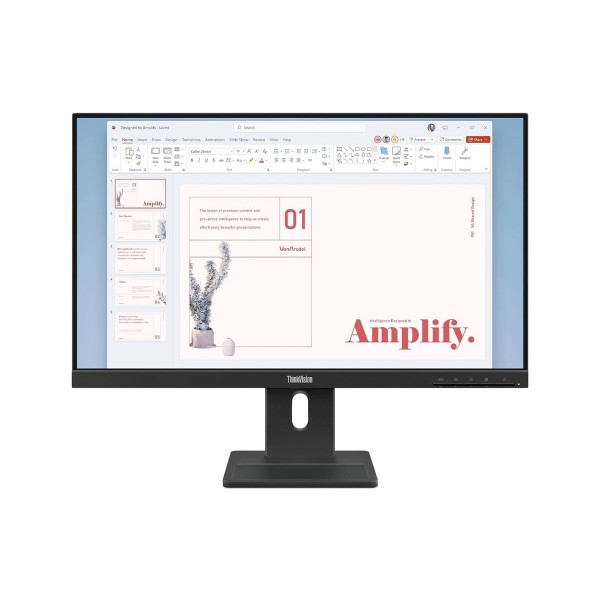 LENOVO ThinkVision E24-40, 23,8-palčni IPS zaslon, razmerje 16:9, ločljivost 1920×1080, osveževanje 100 Hz, svetlost 250 cd/m2, kontrast 1300:1, odzivni čas 4 ms, povezljivost: 1×HDMI 1.4, 1×DisplayPort 1.2, 1×VGA, barvni razpon 99 % sRGB, vgrajena zvočni