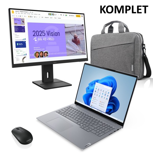 Komplet LENOVO ThinkBook G8 z Intel Core Ultra 7 255H, 16-palčni zaslon, 32 GB RAM, 1 TB SSD in nameščenim Windows 11 Pro (W11P); vključuje monitor E27q-40 27i (27-palčni), miško in torbo Toploader T210.