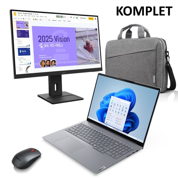 Komplet LENOVO ThinkBook G8 z Intel Core Ultra 7 255H, 16-palčni zaslon, 16 GB RAM, 1 TB SSD in nameščenim Windows 11 Pro (W11P); vključuje monitor E27q-40 27i (27-palčni), miško in torbo Toploader T210.