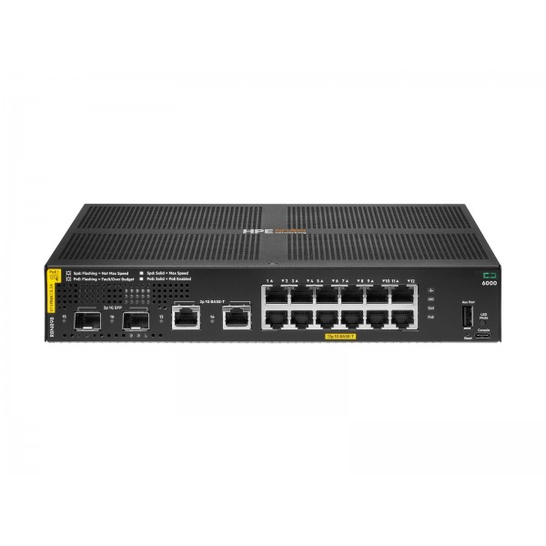 HPE Aruba Networking CX 6000, 12-portni switch (omrežni preklopnik), 10M/100M/1G, Class4 PoE, 2 x SFP 1G, 139W
