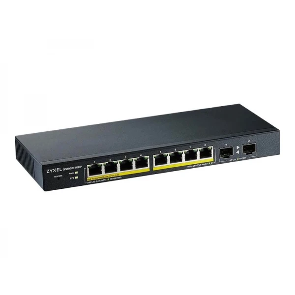 ZYXEL GS1900-10HP v2 8-portni GbE L2 PoE Smart switch (omrežni preklopnik) z 2 SFP režama, 802.3at, namizna brezventilatorska izvedba, 70 W