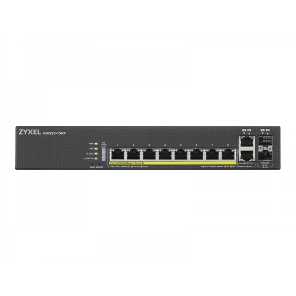 ZYXEL GS2220-10HP za EU regijo, 8-portni GbE L2 PoE switch (omrežni preklopnik) z GbE uplinkom, vključno z 1-letno licenco NCC Pro Pack.