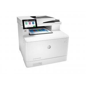 HP Color LaserJet Enterprise MFP M480f — večfunkcijski barvni laserski tiskalnik formata A4, 27 strani/min pri kopiranju in 27 strani/min pri tiskanju, kapaciteta papirja 300 listov, povezljivost USB in LAN.