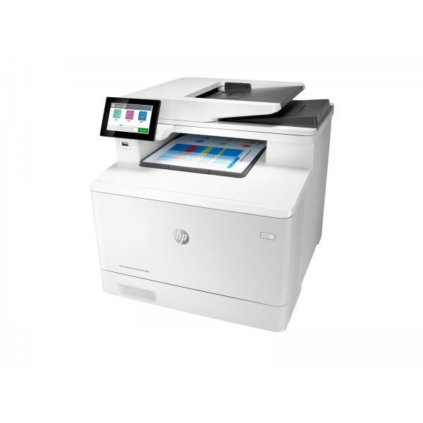 HP Color LaserJet Enterprise MFP M480f — večfunkcijski barvni laserski tiskalnik formata A4, 27 strani/min pri kopiranju in 27 strani/min pri tiskanju, kapaciteta papirja 300 listov, povezljivost USB in LAN.