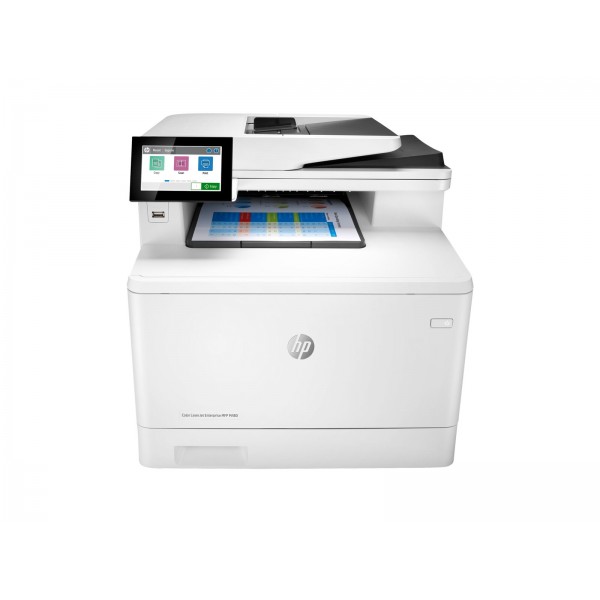 HP Color LaserJet Enterprise MFP M480f — večfunkcijski barvni laserski tiskalnik formata A4, 27 strani/min pri kopiranju in 27 strani/min pri tiskanju, kapaciteta papirja 300 listov, povezljivost USB in LAN.
