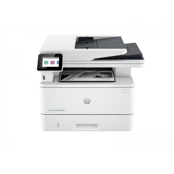HP LaserJet Pro MFP 4102fdn, večfunkcijski monokromatski laserski tiskalnik za format A4; tisk do 40 ppm, kopiranje do 38 ppm, kapaciteta papirja 350 listov, povezljivost LAN in USB.