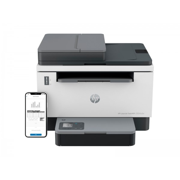 HP LaserJet Tank MFP 2604sdw — vse-v-enem mono laserska naprava s polnilnim rezervoarjem, A4 (216 × 297 mm), kopiranje 14 str./min, tiskanje 22 str./min, pladenj za 250 listov, povezljivost USB, LAN, Wi‑Fi in Bluetooth