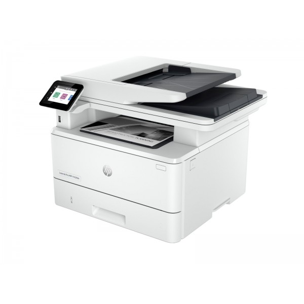 HP LaserJet Pro MFP 4102fdn, večfunkcijski monokromatski laserski tiskalnik za format A4; tisk do 40 ppm, kopiranje do 38 ppm, kapaciteta papirja 350 listov, povezljivost LAN in USB.