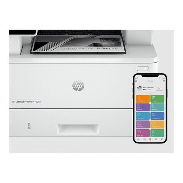 HP LaserJet Pro MFP 4102fdn, večfunkcijski monokromatski laserski tiskalnik za format A4; tisk do 40 ppm, kopiranje do 38 ppm, kapaciteta papirja 350 listov, povezljivost LAN in USB.