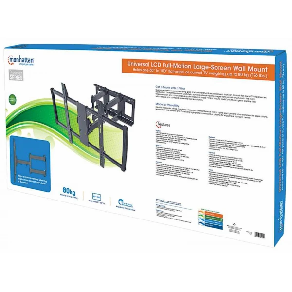 Stenski TV nosilec roka 60''-100' MANHATTAN, 80kg, dvojna roka, naklon -15°do 5°, črne barve