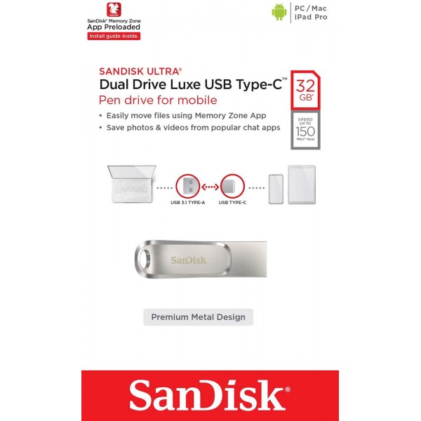 USB C & USB DISK SanDisk 32GB Ultra Dual LUXE, 3.1, srebrn, kovinski, branje do 150MB/s