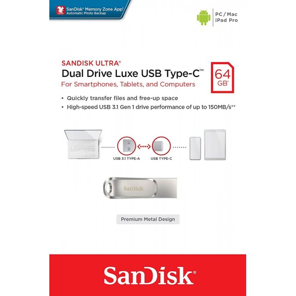 USB C & USB DISK SanDisk 64GB Ultra Dual LUXE, 3.1, srebrn, Type-A in C, kovinski, branje do 150MB/s