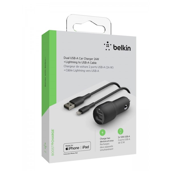 BELKIN USB-A AVTOPOLNILEC 24W +Lightning kabel