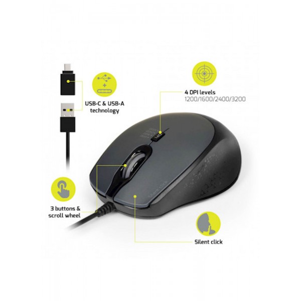 Miška PORT USB-A/USB-C, tiha, črna, 3600 dpi