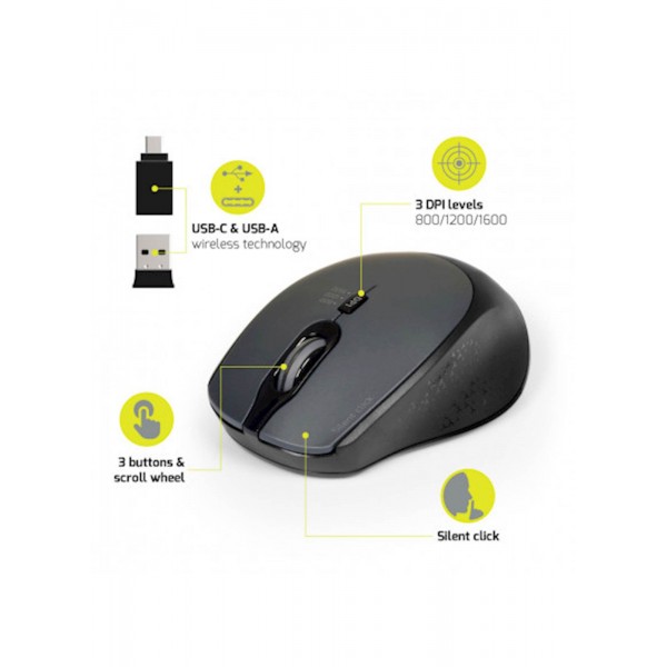 Miška PORT brezžična, USB-A & USB-C, tiha, črna