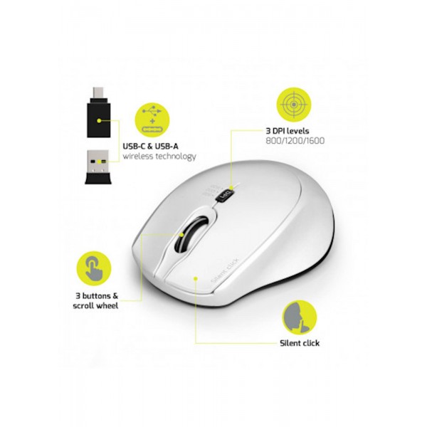 Miška PORT brezžična, USB-A & USB-C, tiha, bela