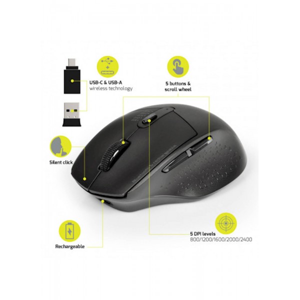Miška PORT brezžična, BT, USB-A & USB-C, polnilna