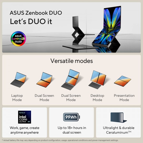 ASUS Zenbook Duo UX8407AA-SN094X Intel Core Ultra X9 388H/32GB/SSD2TB/2x 14" 3K OLED/W11Pro
