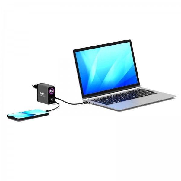 Polnilnik GAN PORT usb-C in Usb-A 140 W2, OLED z