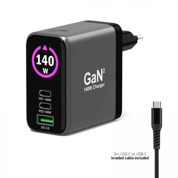 Polnilnik GAN PORT usb-C in Usb-A 140 W2, OLED z