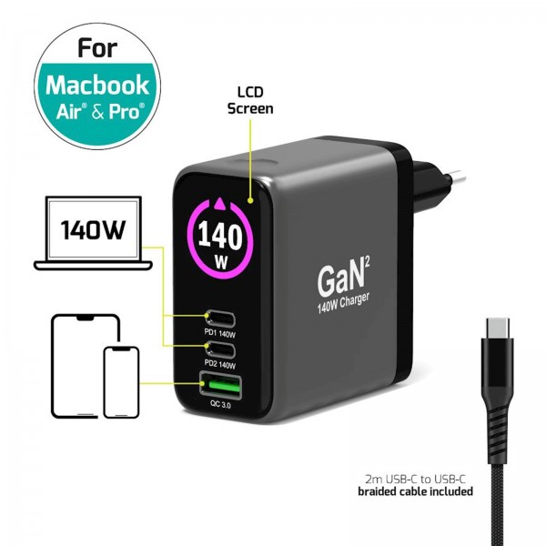 Polnilnik GAN PORT usb-C in Usb-A 140 W2, OLED z