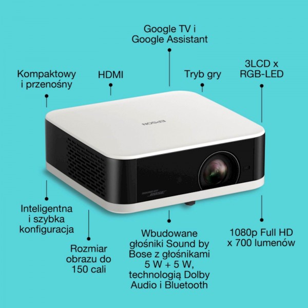 Diamantno bel Epson Lifestudio Pop EF-61W, prenosni projektor Smart, Sound by Bose, Google TV, Full