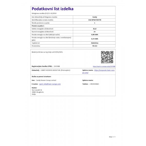 Vgradna pečica CANDY CA6 NP3AT3EHTB, črna, A+ Vgradna pečica CANDY CA6 NP3AT3EHTB, črna, A+