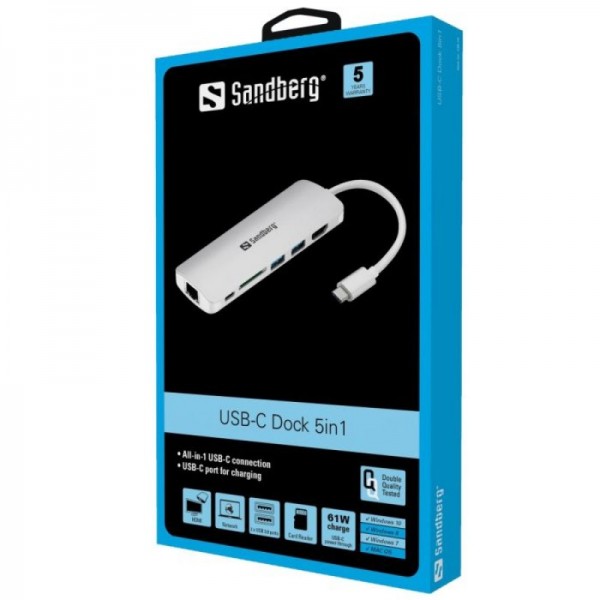 Sandberg USB-C Dock HDMI+LAN+SD+USB 100W priklopna postaja