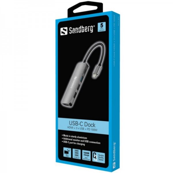 Sandberg USB-C Dock HDMI+3xUSB+PD 100W priklopna postaja Sandberg USB-C Dock HDMI+3xUSB+PD 100W priklopna postaja