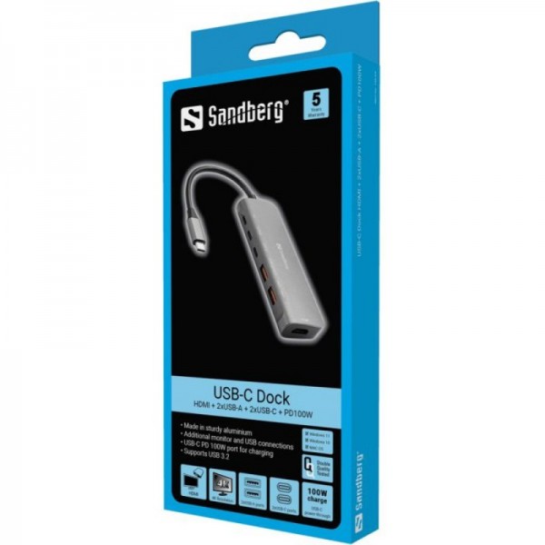 Sandberg USB-C Dock HDMI + 2xUSB-A + 2xUSB-C + PD 100W priklopna postaja Sandberg USB-C Dock HDMI + 2xUSB-A + 2xUSB-C + PD 100W priklopna postaja