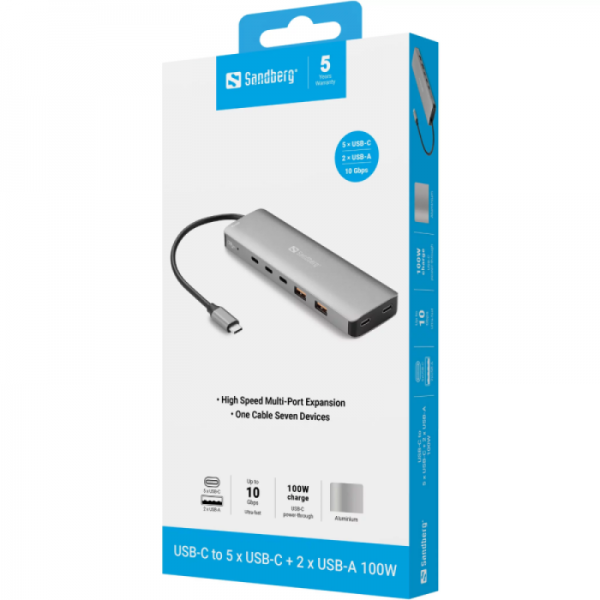 Sandberg USB-C to 5xUSB-C+2xUSB-A 100W priklopna postaja Sandberg USB-C to 5xUSB-C+2xUSB-A 100W priklopna postaja
