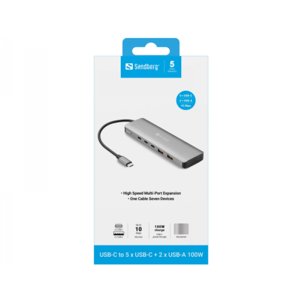 Sandberg USB-C to 5xUSB-C+2xUSB-A 100W priklopna postaja Sandberg USB-C to 5xUSB-C+2xUSB-A 100W priklopna postaja