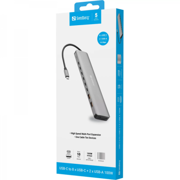 Sandberg USB-C to 8xUSB-C+2xUSB-A 100W priklopna postaja Sandberg USB-C to 8xUSB-C+2xUSB-A 100W priklopna postaja