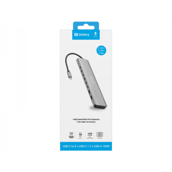 Sandberg USB-C to 8xUSB-C+2xUSB-A 100W priklopna postaja Sandberg USB-C to 8xUSB-C+2xUSB-A 100W priklopna postaja