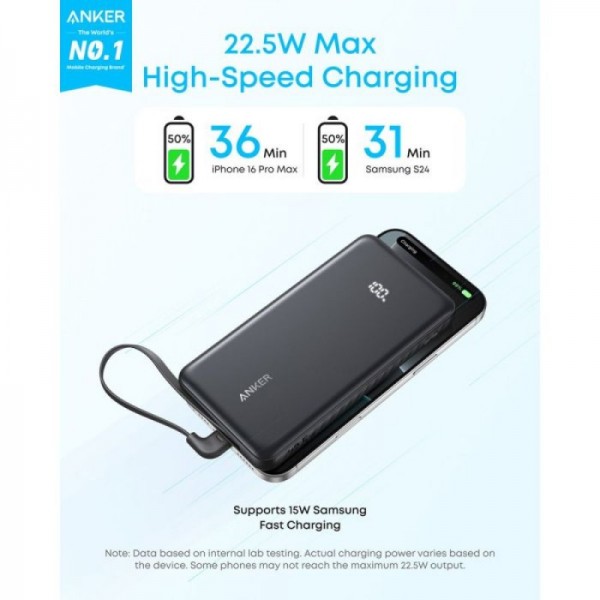 Anker Zolo Powerbank 10000 mAh, 22,5W z vgrajenim USB-C kablom, črn Anker Zolo Powerbank 10000 mAh, 22,5W z vgrajenim USB-C kablom, črn