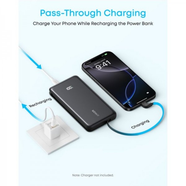 Anker Zolo Powerbank 10000 mAh, 22,5W z vgrajenim USB-C kablom, bel