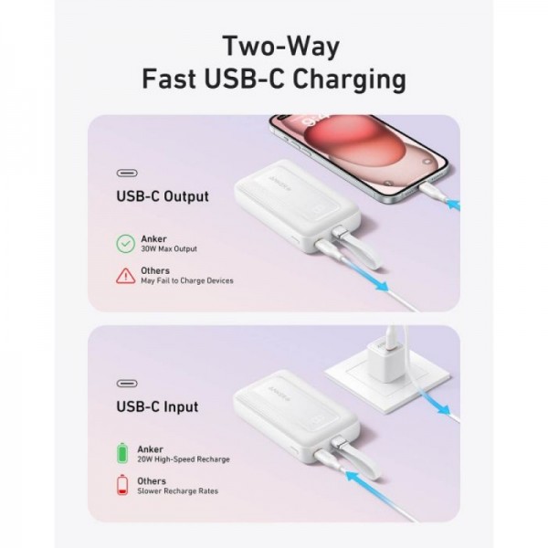Anker Zolo Powerbank 10000 mAh, 30W z vgrajenim kablom USB-C, črn