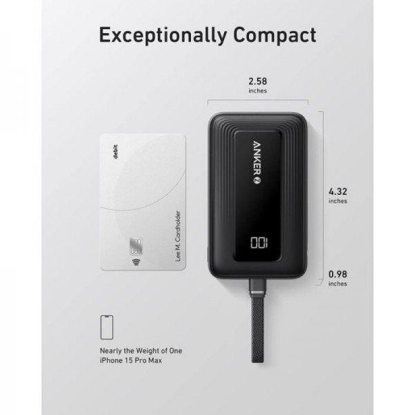 Anker Zolo Powerbank 10000 mAh, 30W z vgrajenim kablom USB-C, črn