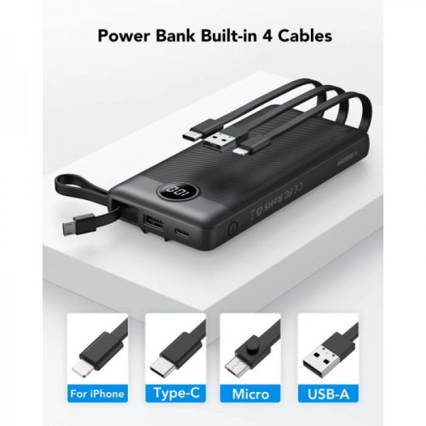 VEGER prenosna baterija z vgrajenimi kabli C10 10000 mAh, črna